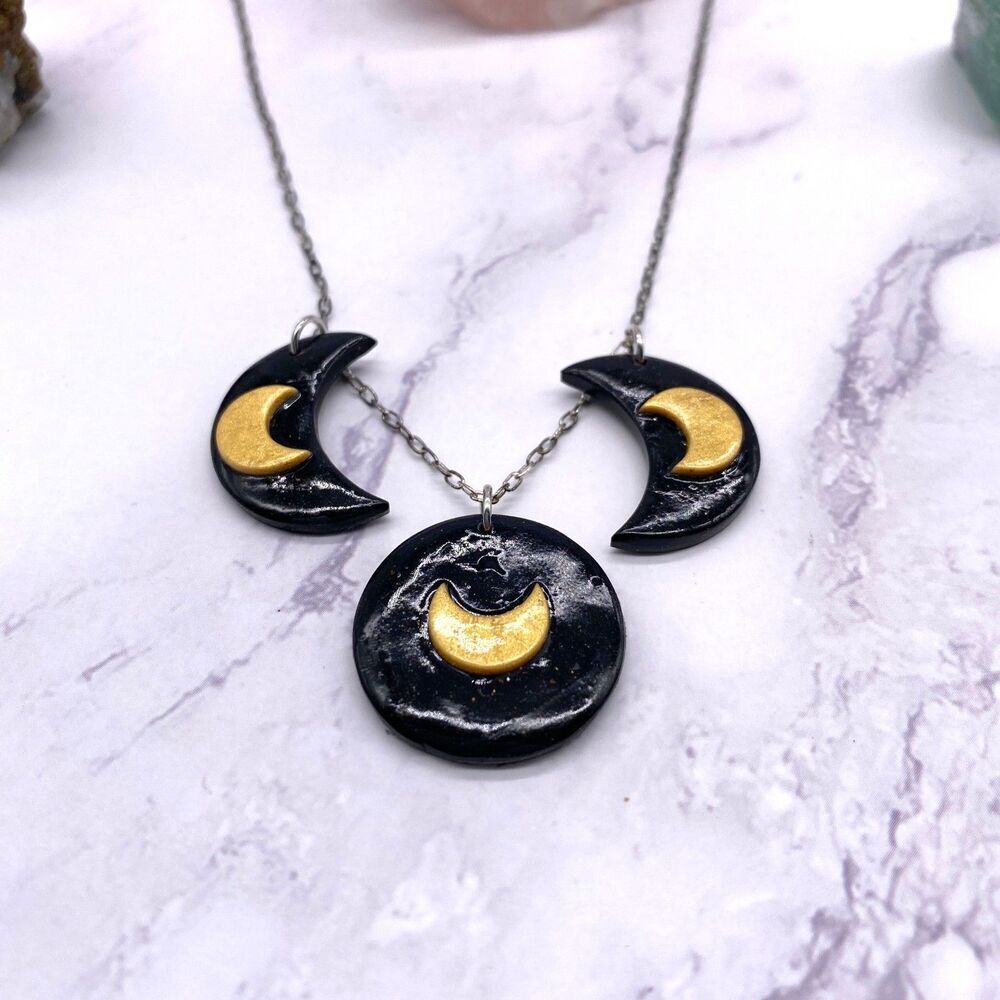 Black and Gold Moon Phase Celestial Sterling Silver Necklace